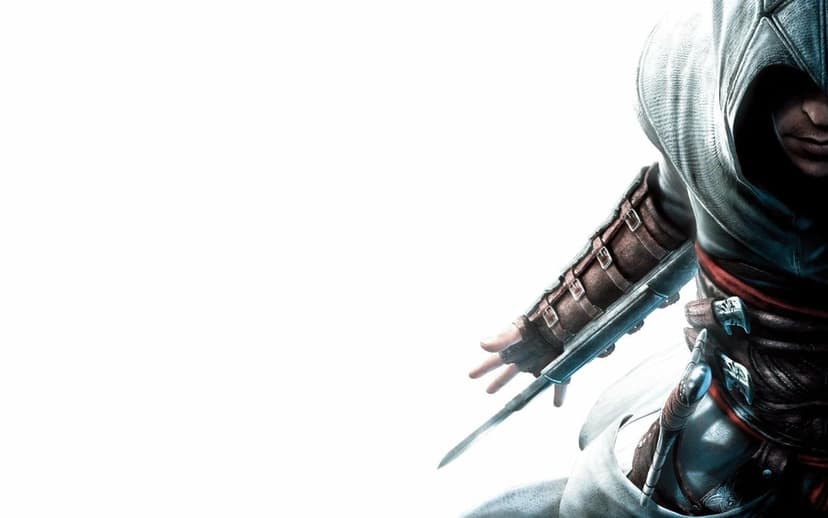 Altaïr from Assassin's Creed with a hidden blade extended, wearing white robes against a bright white backdrop.