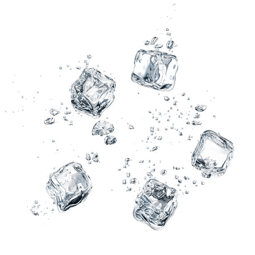 Scattered ice cubes with transparent crystalline textures show realistic light refraction and sharp jagged edges.