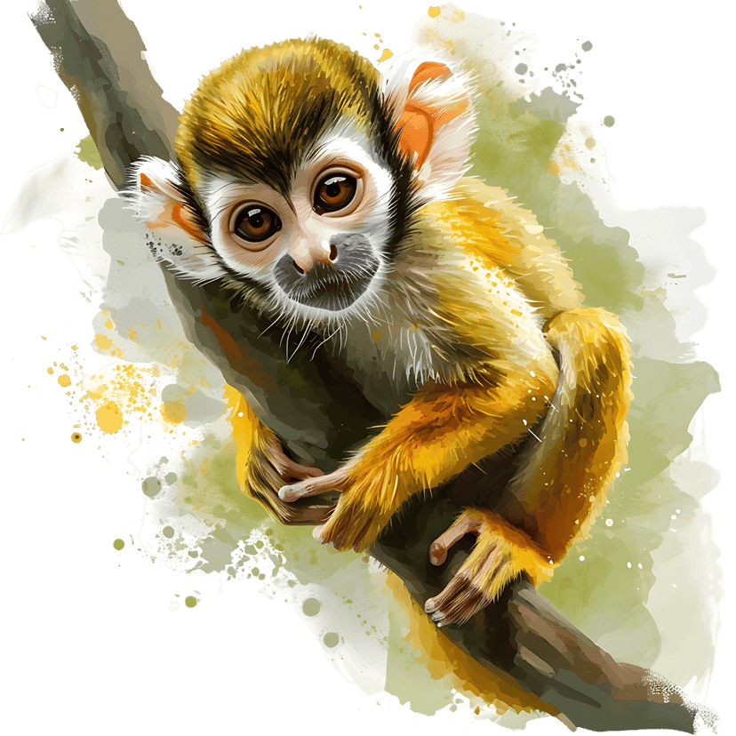 Watercolor squirrel monkey perched on a branch shows vibrant yellow fur and expressive eyes against splashes.