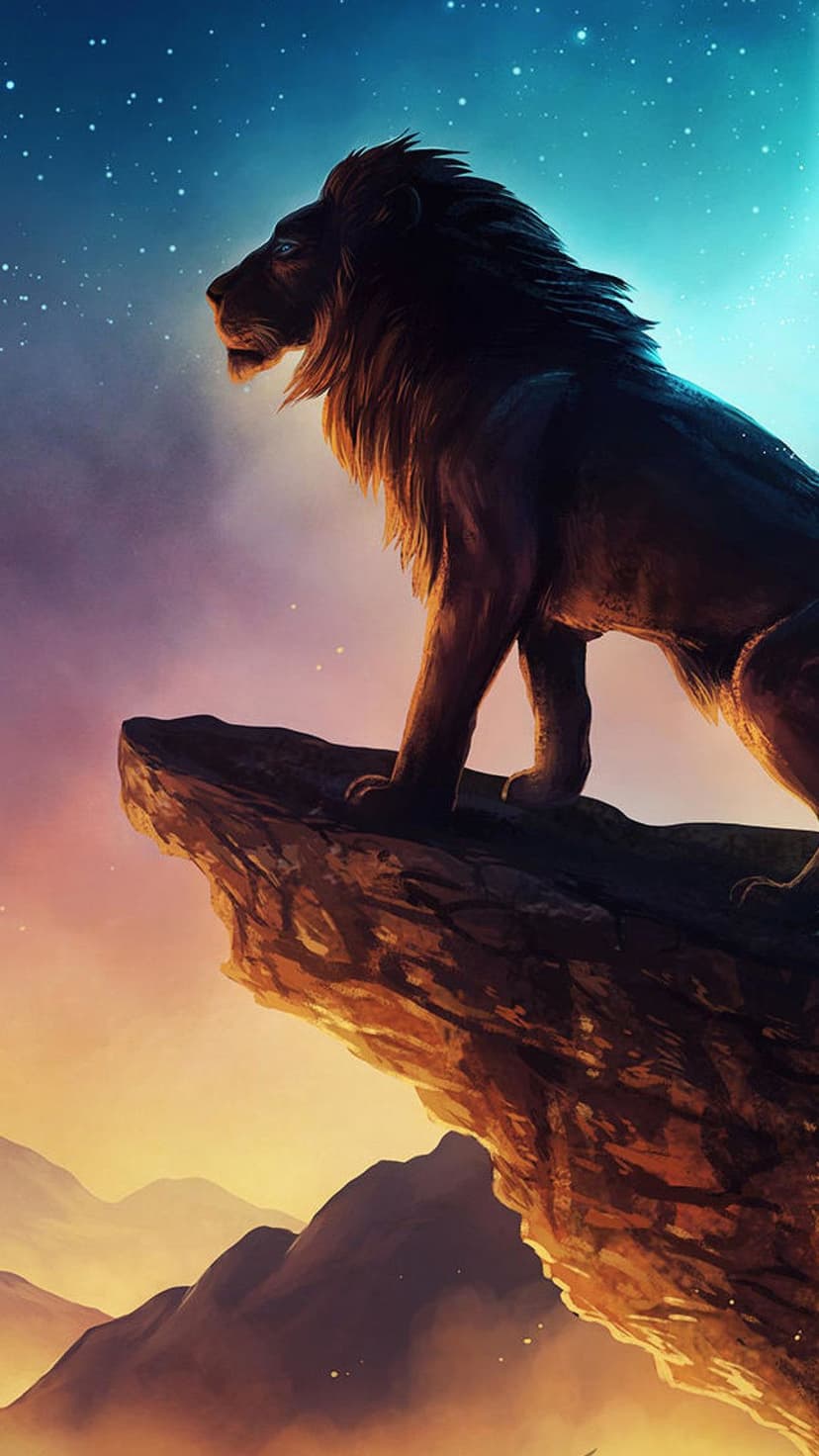 Lion silhouette on a rocky cliff overlooking a gradient sunset sky with visible stars in the atmosphere.