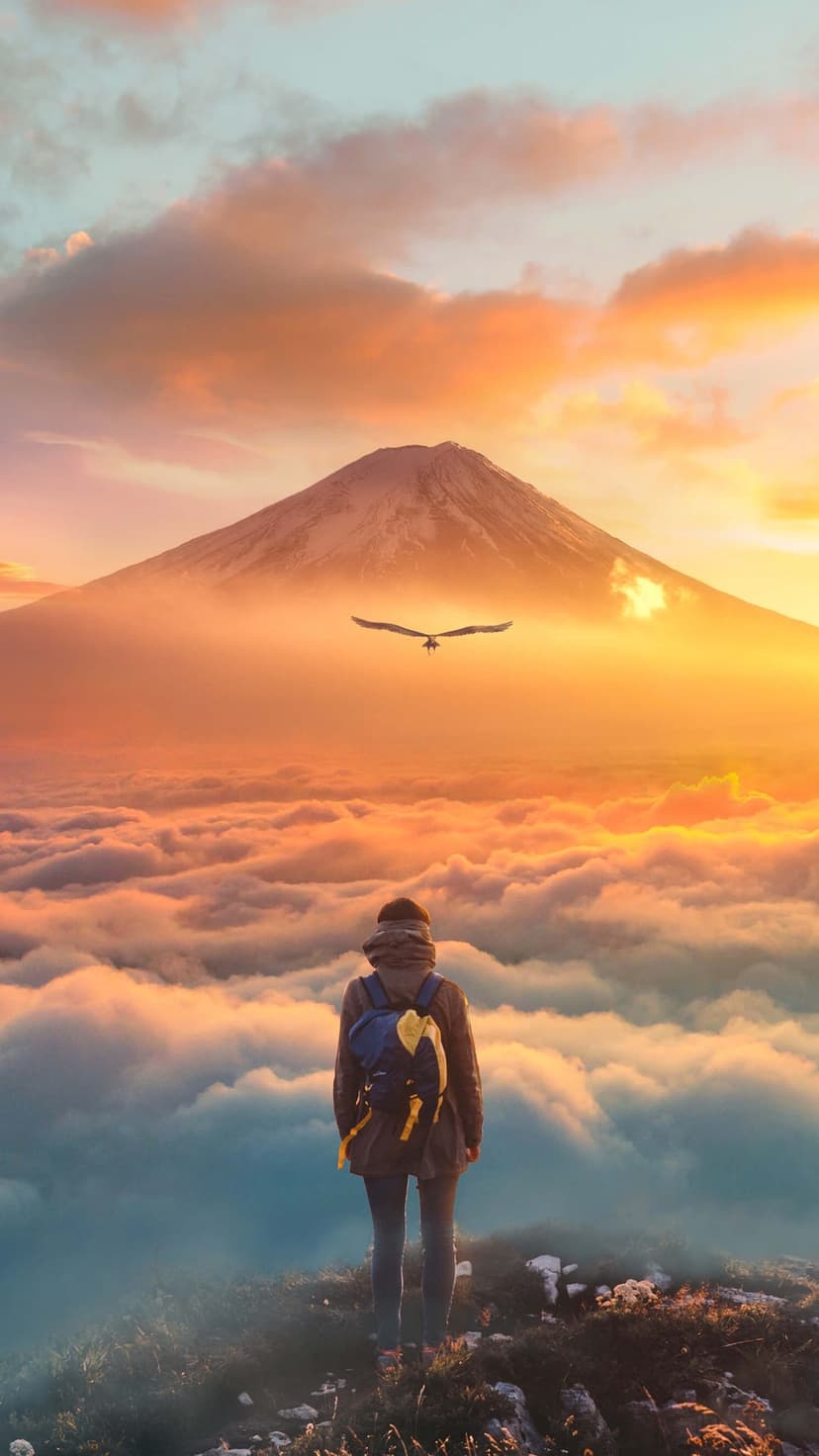 Hiker with a backpack stands on a rocky ledge overlooking a sea of clouds and a distant peak under a golden sky.