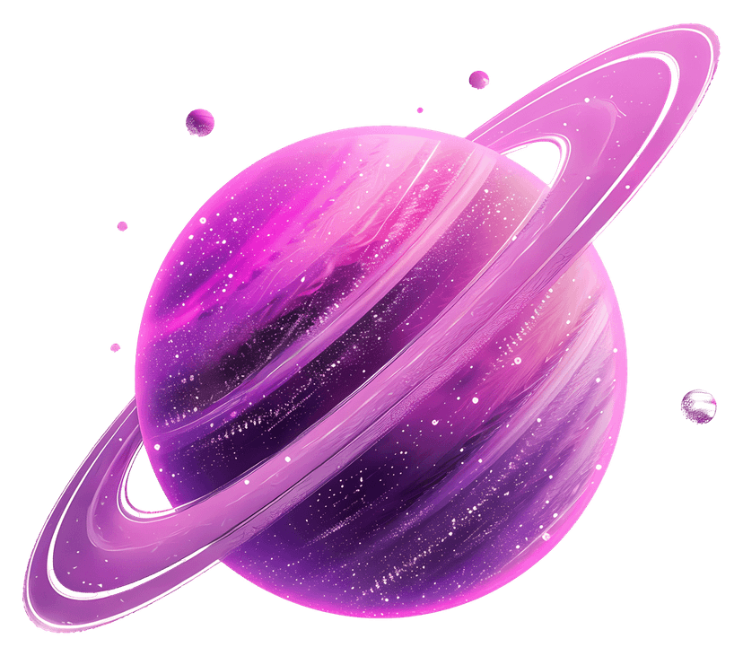 Purple planet with luminous rings floats against a dark star-dusted background in a 3D digital illustration.