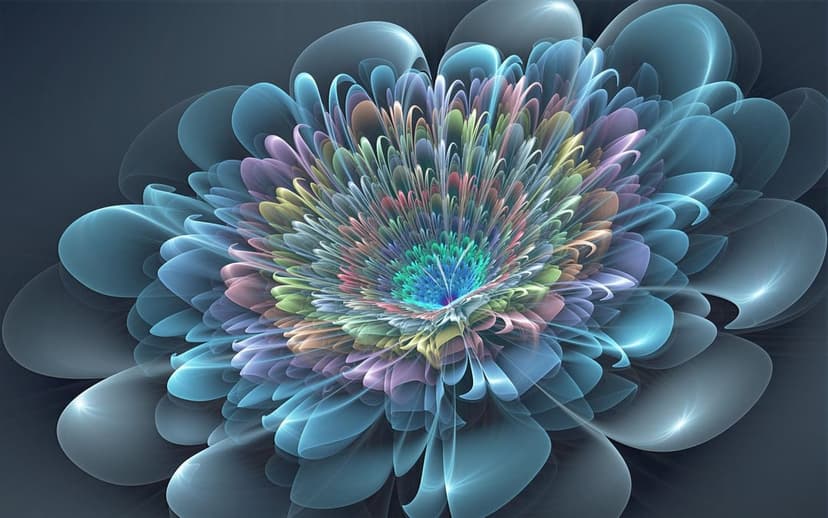 Translucent blue and pastel fractal flower petals radiate light against a dark, minimalist background.