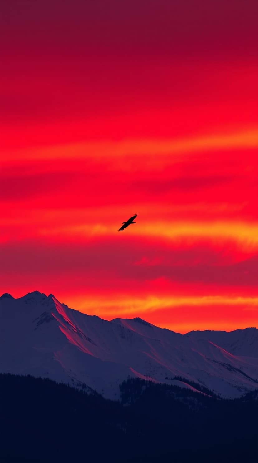 Eagle silhouetted against a red and orange sunset sky above snow-capped mountain peaks and dark pine trees.