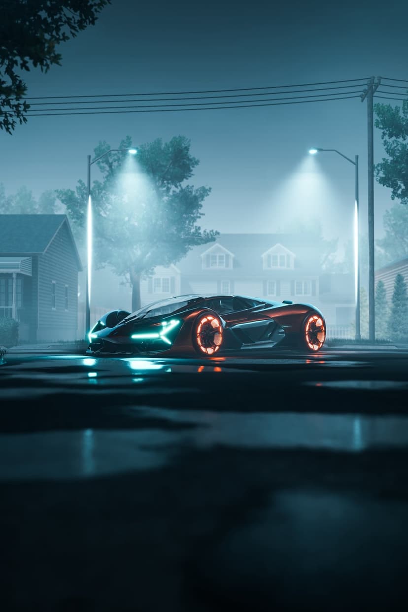 Sleek sports car with glowing teal wheels and orange LED trim parked on a wet street during a misty night.