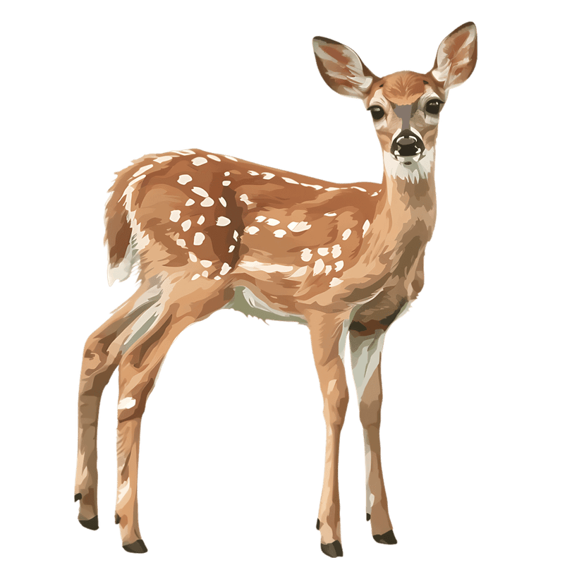 Young deer fawn standing profile against solid black background features brown fur and white spots.