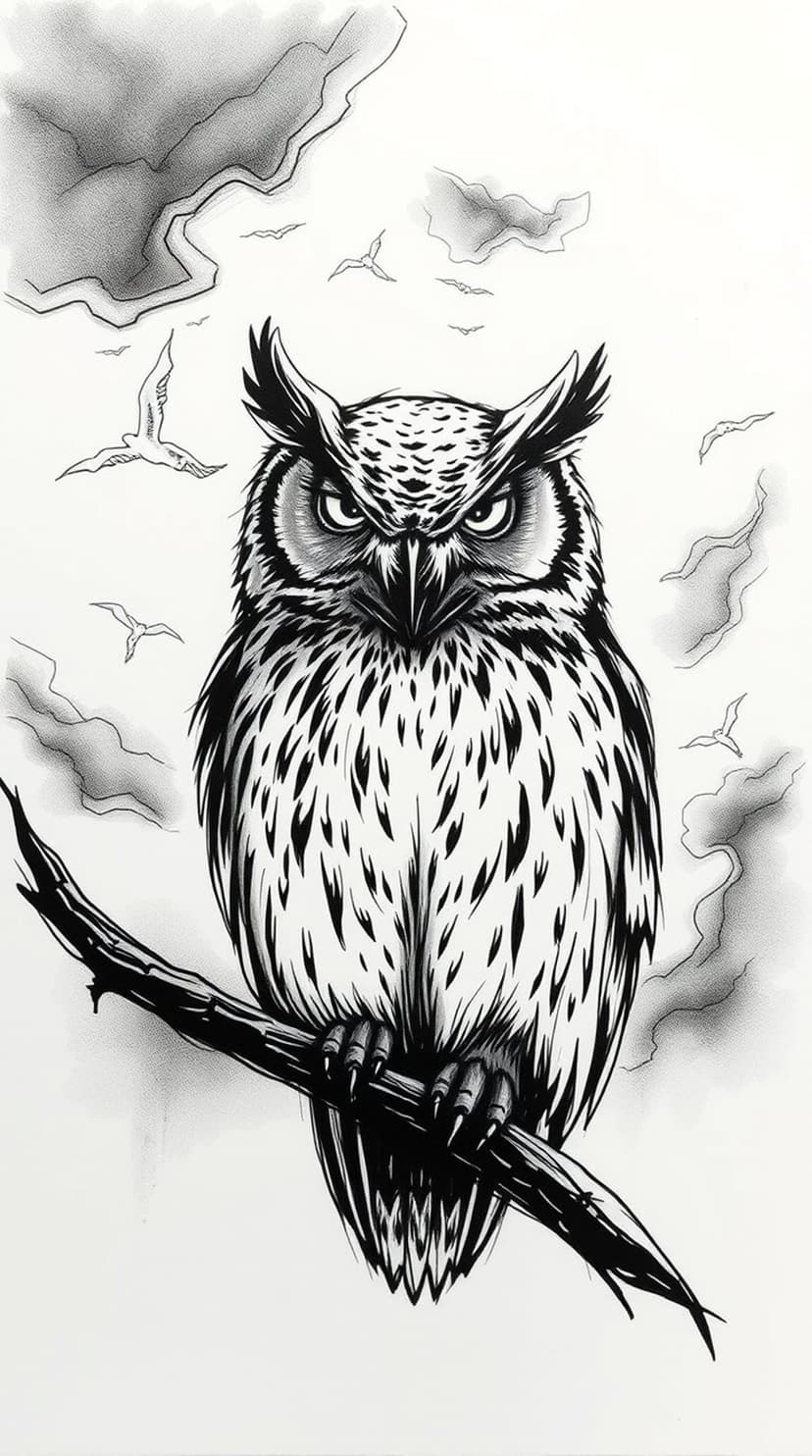 Predatory owl with sharp eyes perches on a gnarled branch beneath dark clouds and silhouetted birds.