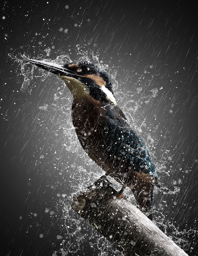 Kingfisher bird with teal and orange plumage perches on a wet branch during a heavy, splashing rain shower.