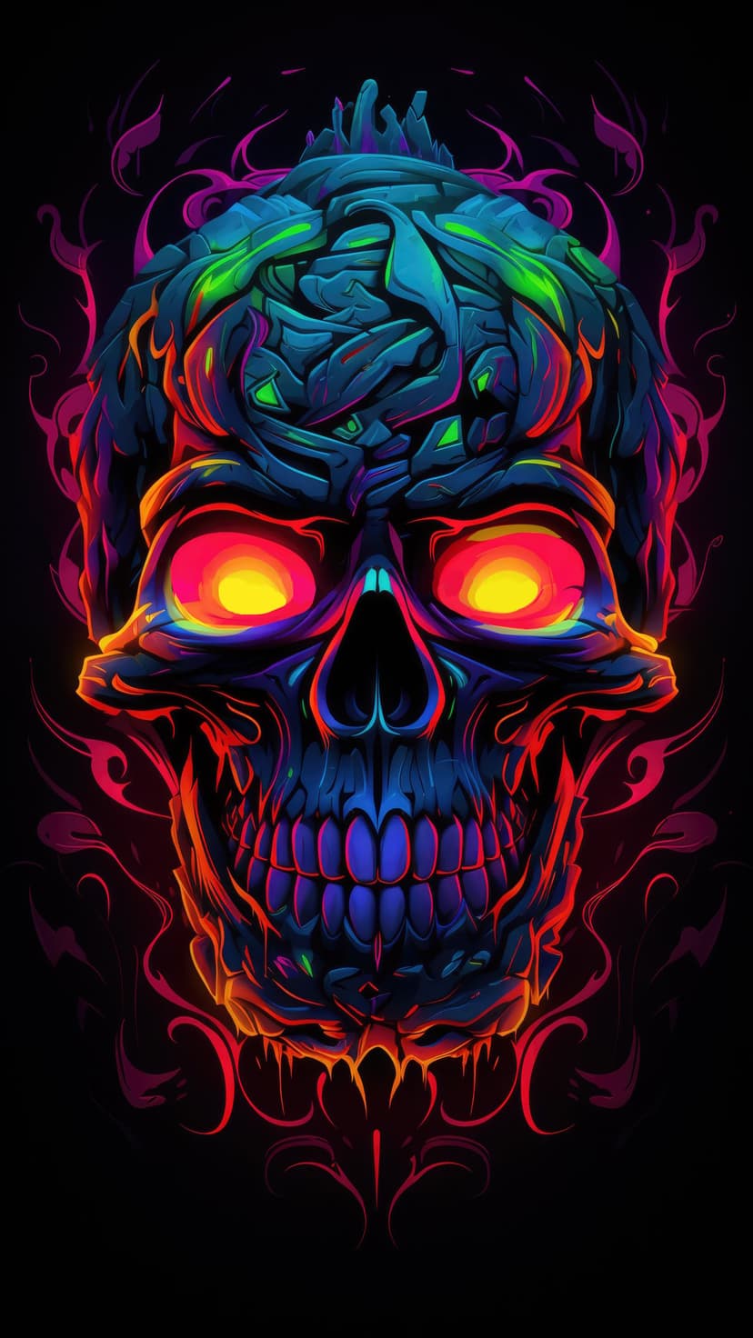 Stylized skull with glowing yellow eyes is surrounded by swirling neon pink and blue abstract fire tendrils.