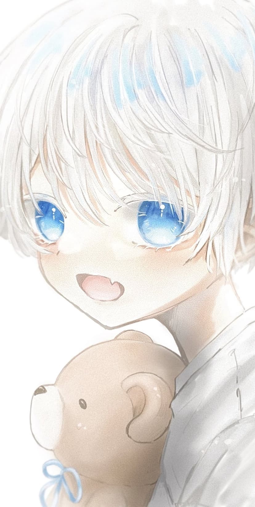 Anime child with large sapphire eyes and snowy hair hugs a brown teddy bear tied with a light blue ribbon.
