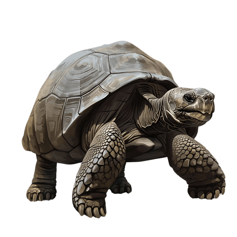 Giant tortoise walking in profile showing detailed shell plates and scaly legs against a dark background.