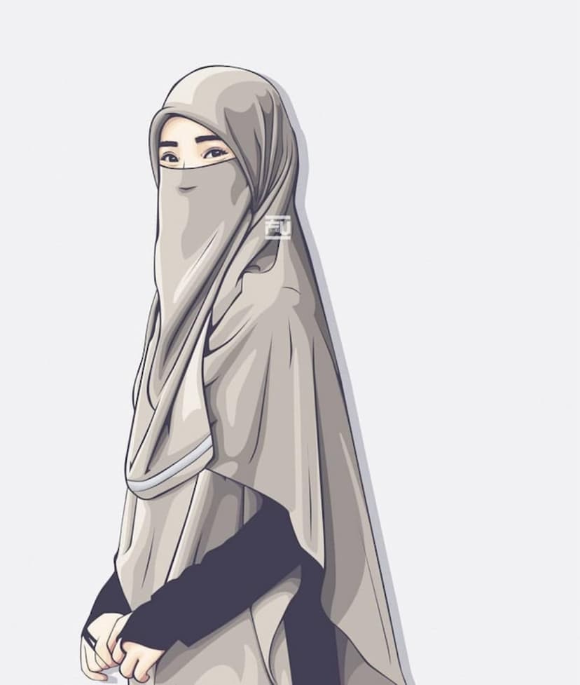 Muslim woman wearing a light grey niqab and hijab with clasped hands against a matching neutral background.