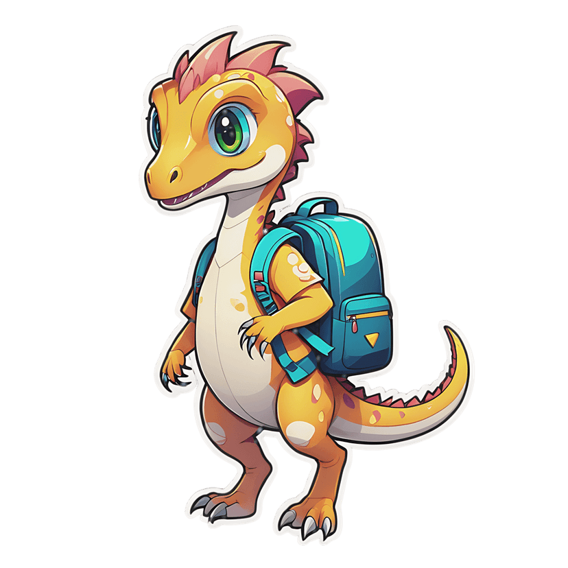 Yellow dinosaur sticker with teal backpack and pink spikes features a glossy finish and white outline border.