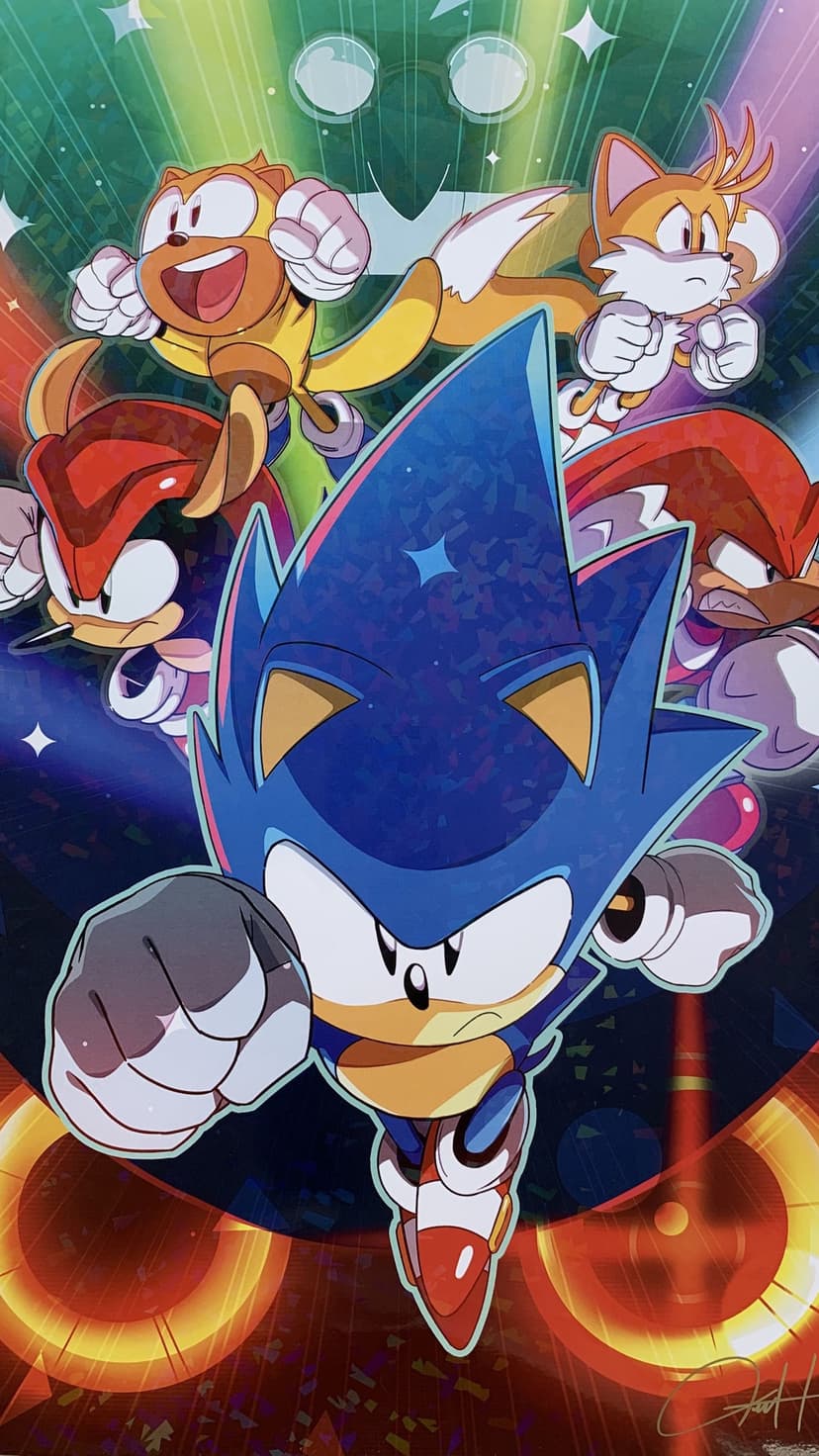 Sonic, Tails, and Knuckles leap forward against a glowing purple starfield with celestial light and neon sparks.