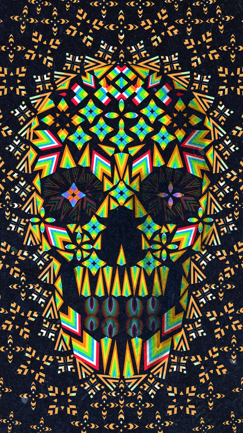 Skull covered in multi-colored geometric patterns and kaleidoscopic shapes in a vibrant rainbow spectrum.