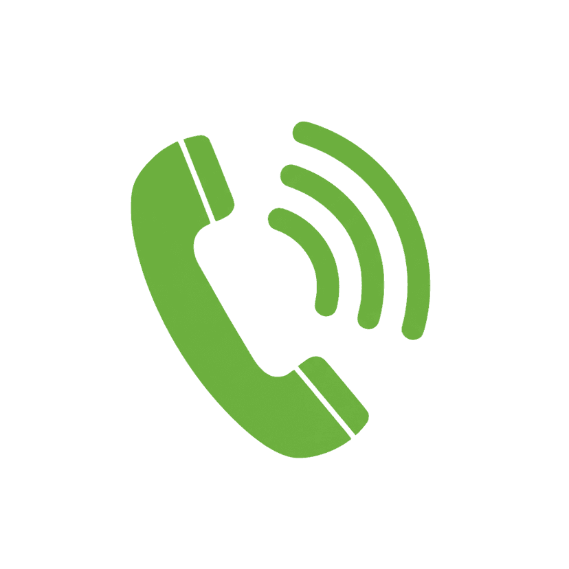 Green ringing phone icon showcasing curved signal waves and a minimalist receiver on a transparent backdrop.