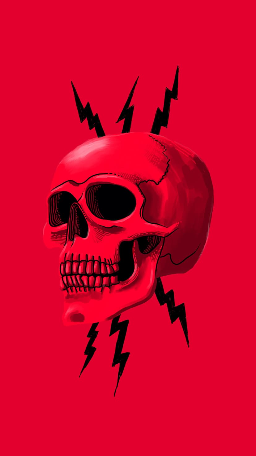 Red human skull centered on a red background with black lightning bolts emerging from the top and bottom edges.