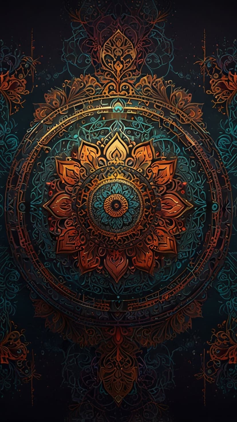 Golden circular mandala with intricate filigree and amber accents centered on a dark textured teal background.