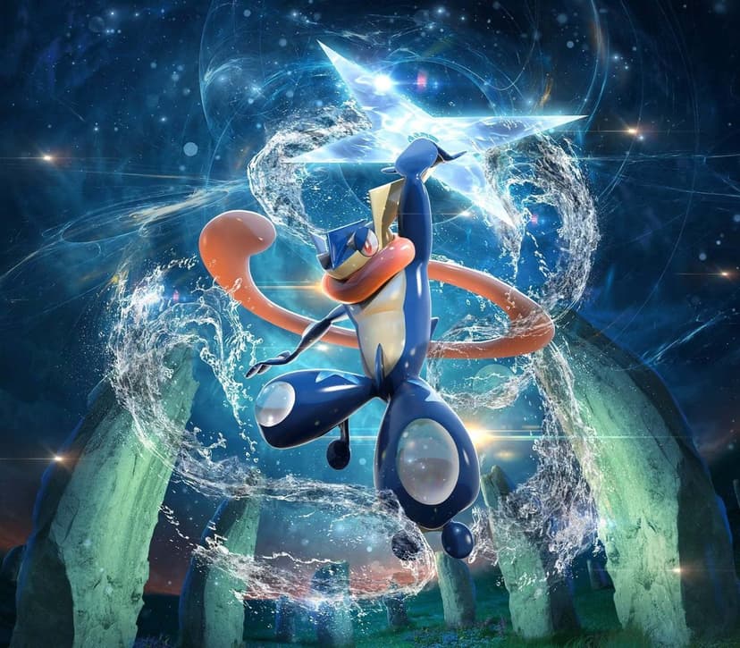 Greninja leaping with a massive glowing blue shuriken amidst swirling water and a starry cosmic sky background.
