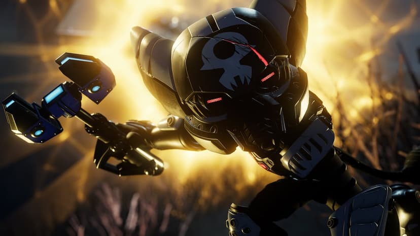 Armored character with a skull helmet holding a glowing blue hammer against a bright golden background.