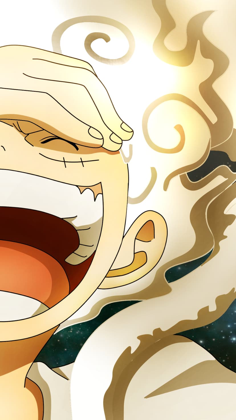 Luffy in Gear 5 form laughs with white hair and a golden aura against a dark starry night sky background.
