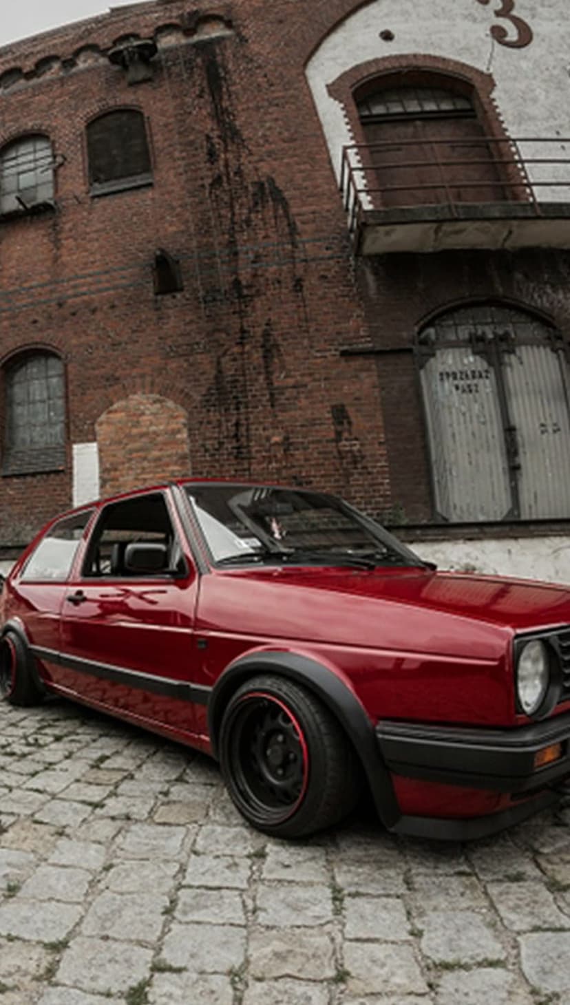 Red Volkswagen Golf GTI with wide fenders on a cobblestone street against an industrial brick facade.
