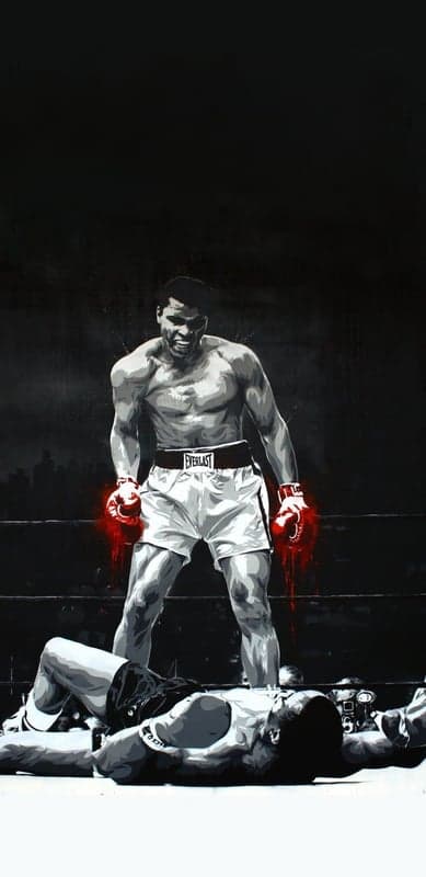 A dramatic black and white illustration of a boxer with a defeated opponent