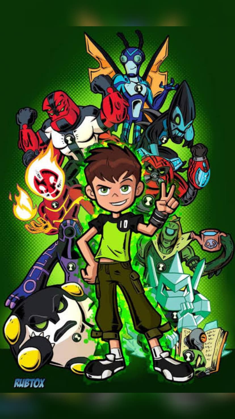 Ben Tennyson makes a peace sign surrounded by Heatblast, Four Arms, and Diamondhead in a green energetic setting.