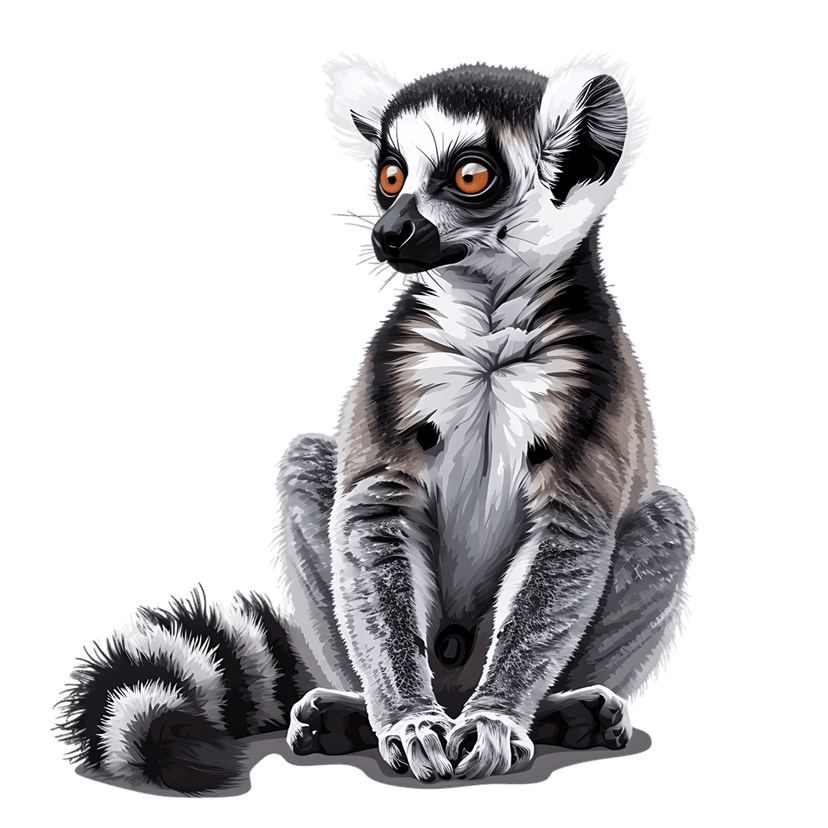 Ring-tailed lemur sitting with a curled striped tail and orange eyes isolated against a black background.