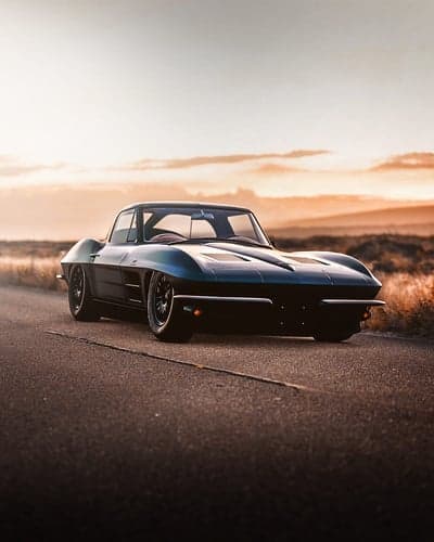 Blue Corvette Stingray Sunset Desert Road Mobile Wallpaper