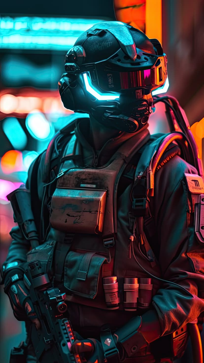 Cyberpunk soldier in a glowing blue and pink helmet holds a rifle against a blurred neon city background.