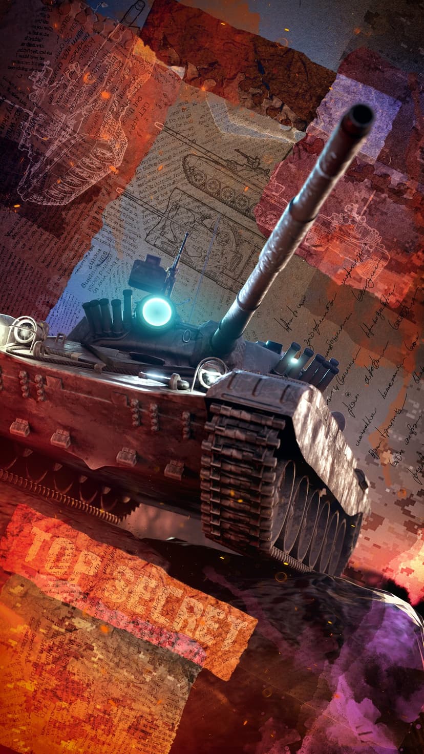 Heavy military tank overlaid with orange technical blueprints and classified stamps on a dark vertical surface.