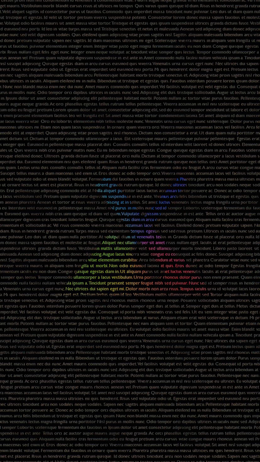Dark Latin text on a black surface with selective rainbow-colored glowing highlights on specific words.