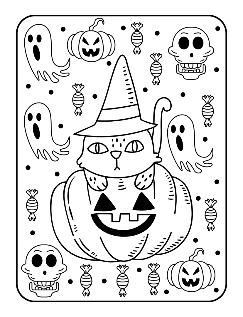 Halloween cat coloring page shows feline wearing witch hat inside jack-o-lantern with ghosts and skulls.