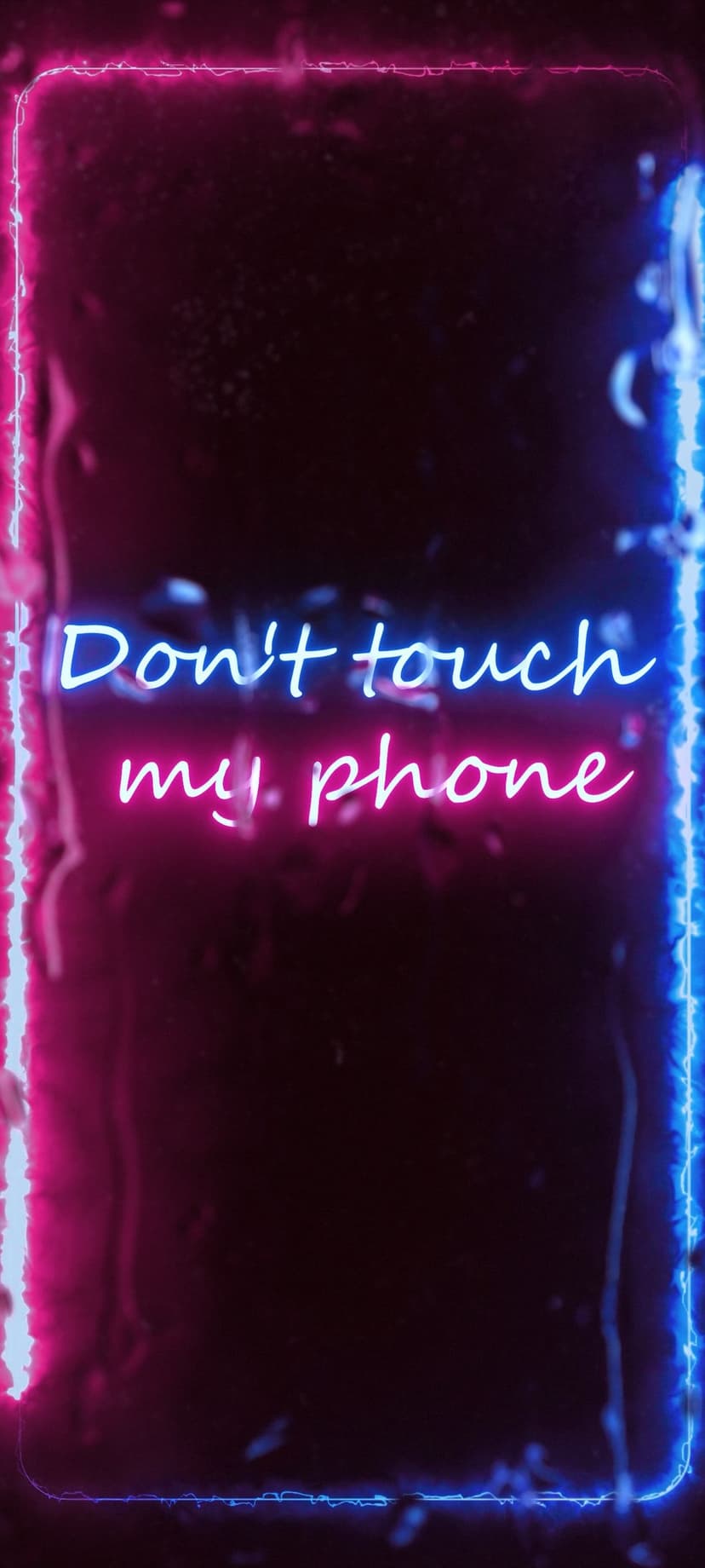Neon sign with Don't Touch My Phone text glowing in pink and blue surrounded by electric lightning bolts.