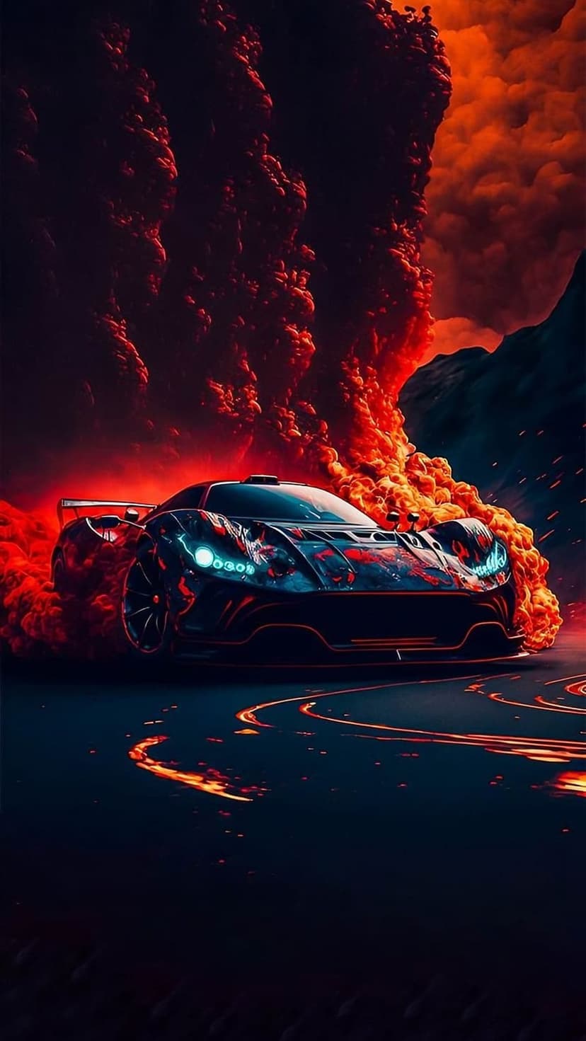 Sports car with blue headlights driving on a dark road between flowing lava and orange volcanic smoke clouds.