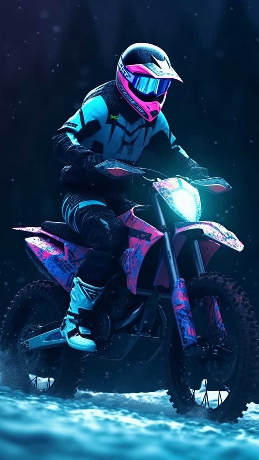 Dirt biker in neon pink and blue gear riding through snow at night with a bright headlight and starry sky.
