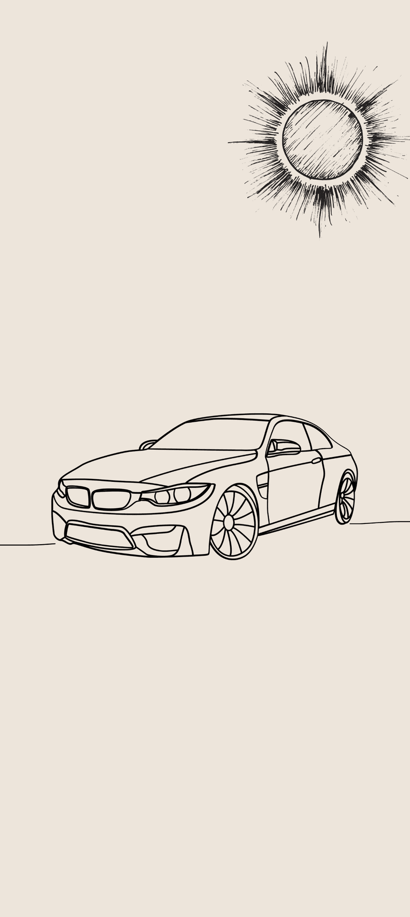 Sleek sports car outline parked directly beneath a hand-drawn sun against a solid, muted beige background.