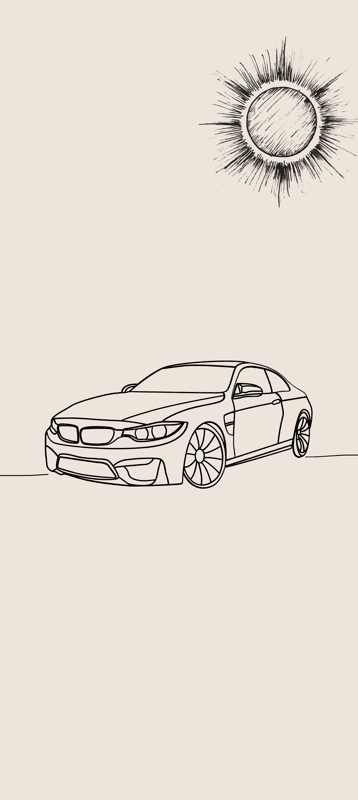 Line art of a sports car under a drawn sun