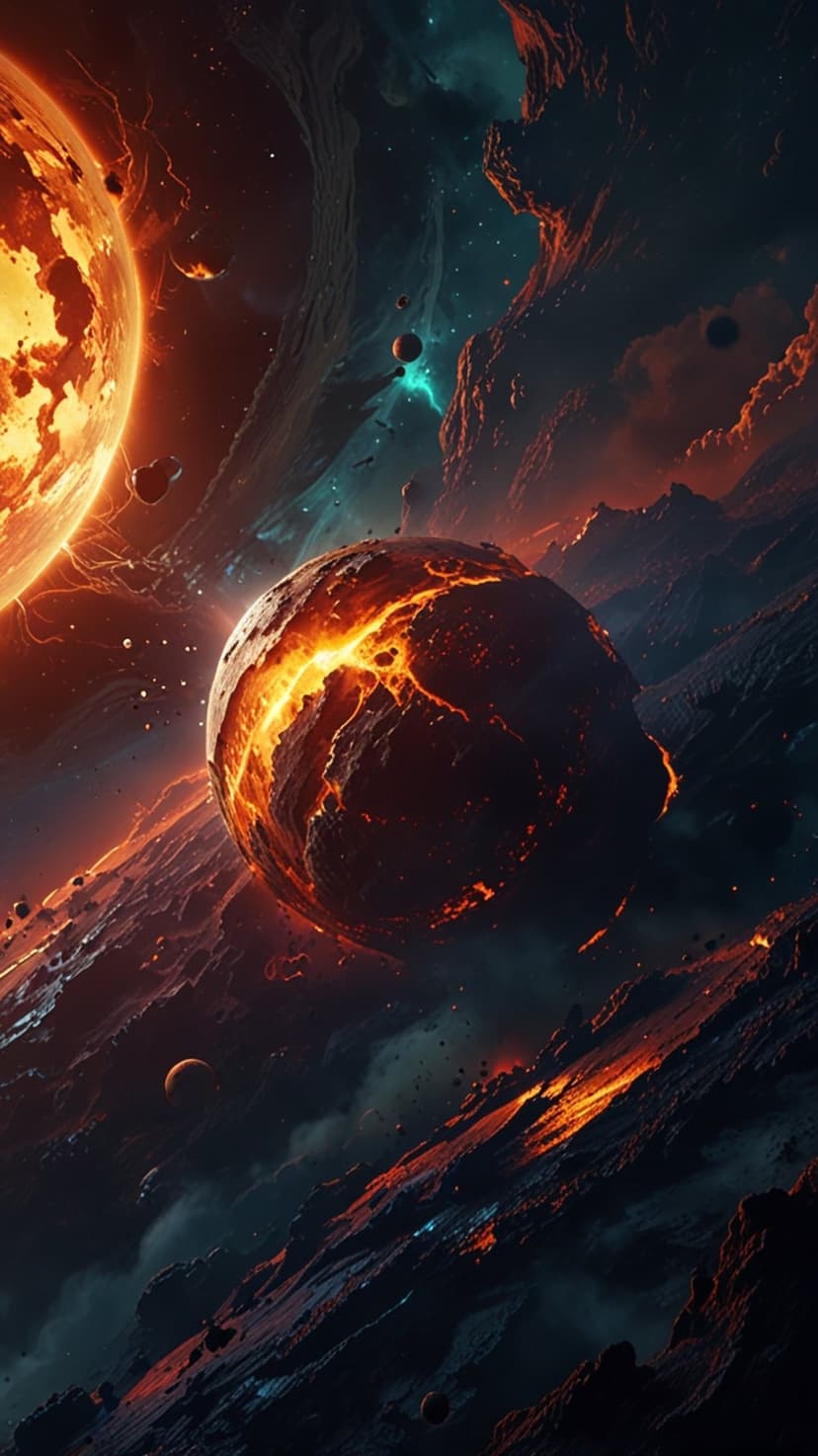 Molten lava planet with glowing cracks floats before a massive supernova and jagged alien mountains.