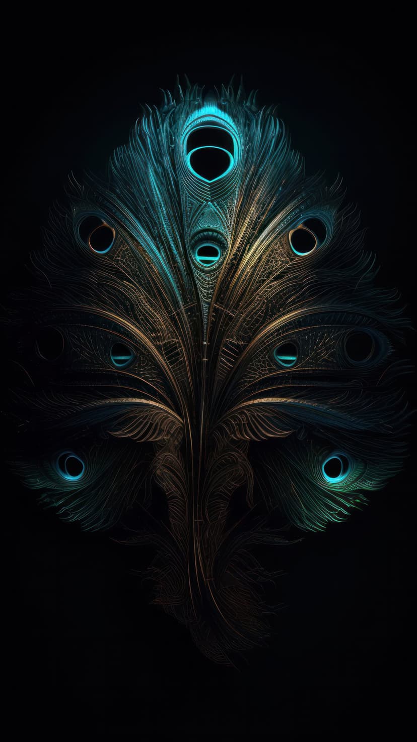 Peacock feather with glowing blue ocelli and metallic gold barbs set against a solid black background.
