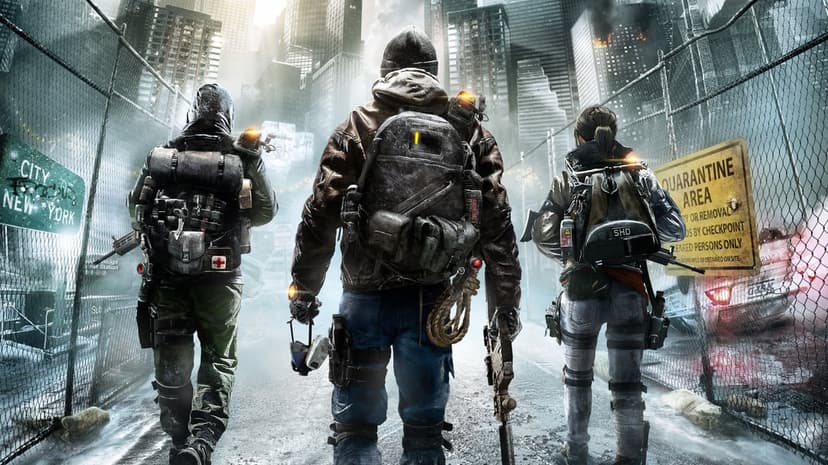Three tactical agents with backpacks walk through a fenced quarantine zone in a snowy, ruined New York City.