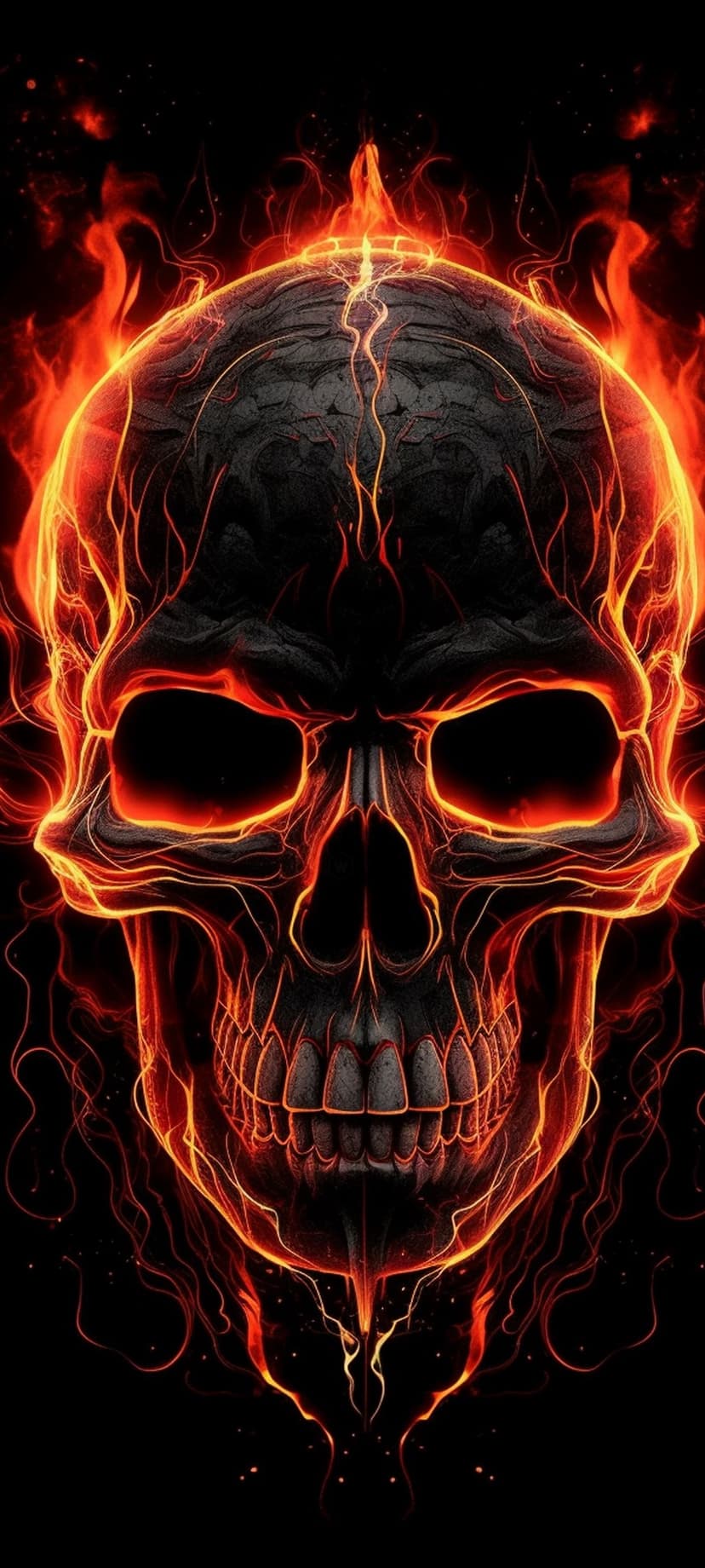 Human skull engulfed in vibrant orange and red flames with glowing embers against a solid black background.