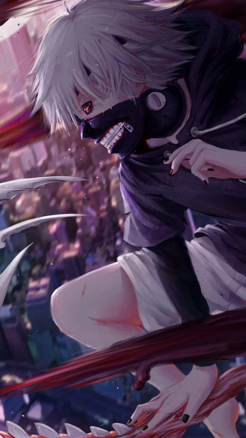 Kaneki Ken crouches with glowing red kagune and a leather zipper mask against a purple city night backdrop.