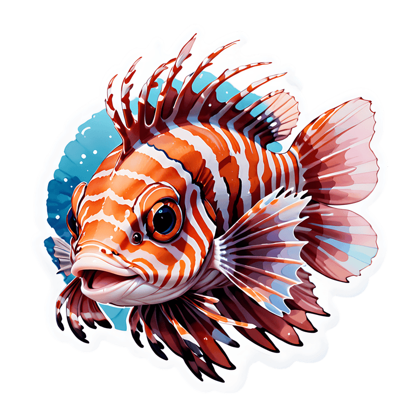 Orange lionfish sticker illustration with glossy 3d finish sits on a blue water splash with a white outline.