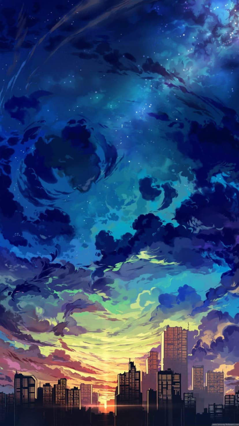 Luminous city buildings stand below a swirling cosmic sky filled with stars and glowing purple nebula clouds.
