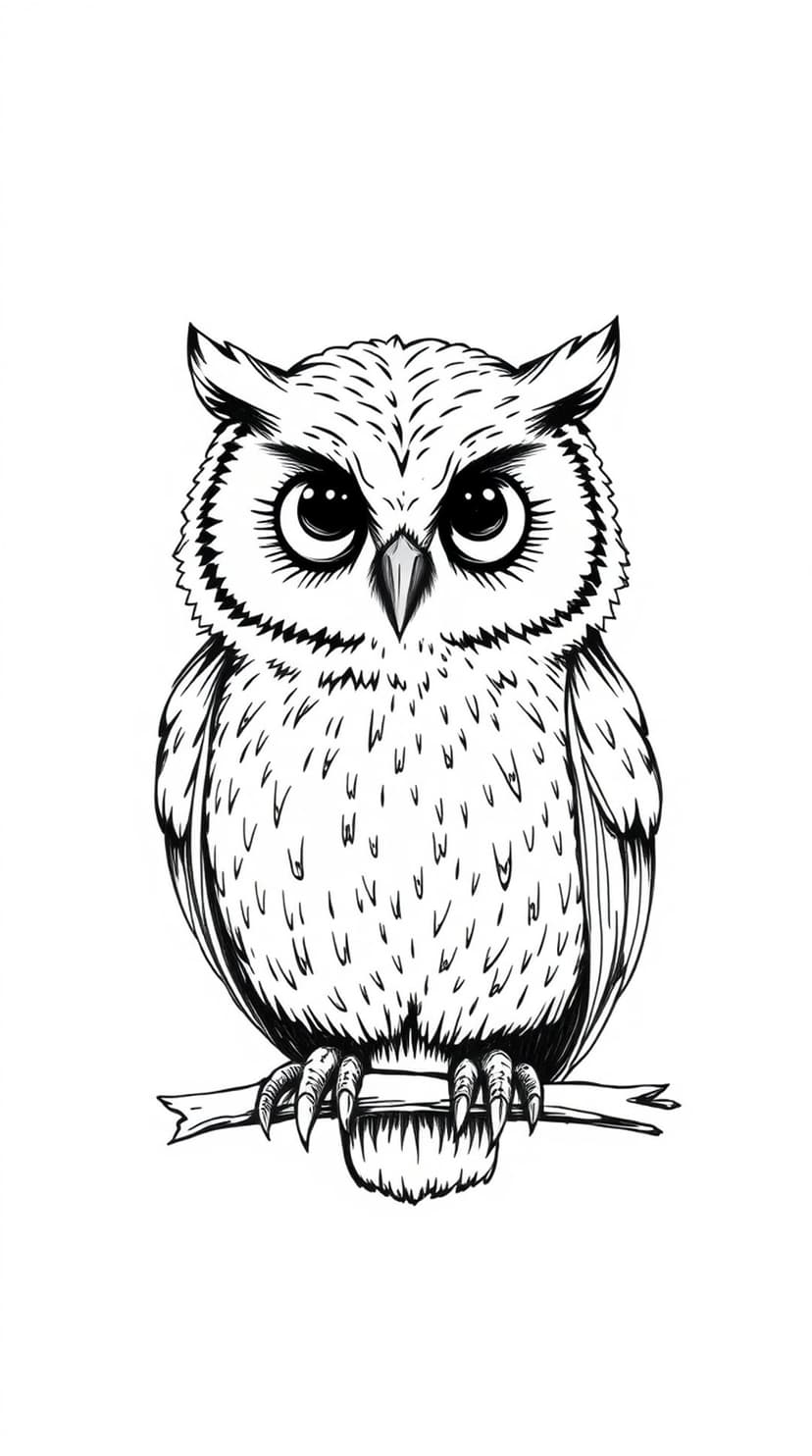 Owl with large eyes and textured feathers sits on a tree branch in a high-contrast black and white composition.