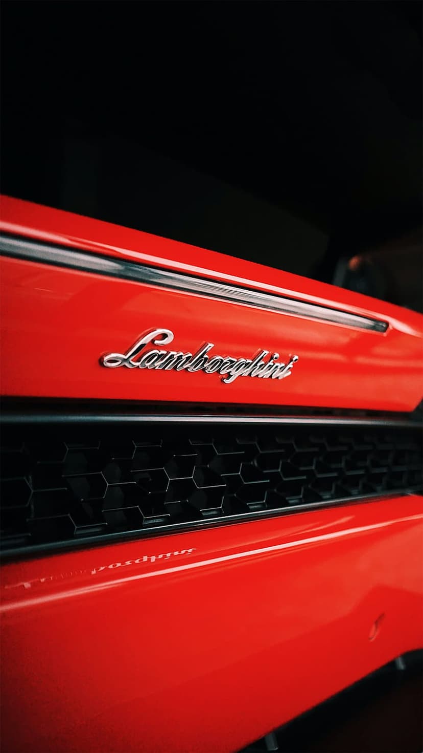 Lamborghini badge in silver chrome centered on a red car hood above a black hexagonal mesh ventilation grille.