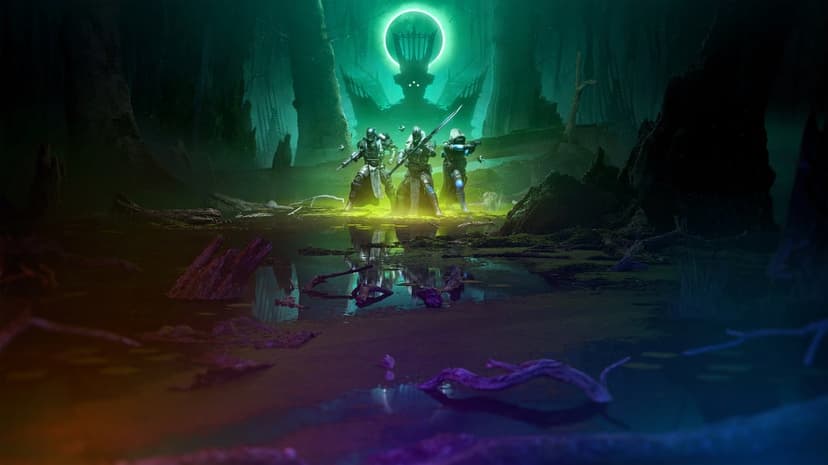 Three armored guardians stand in a dark swamp before a giant glowing green silhouette and halo in a forest scene.
