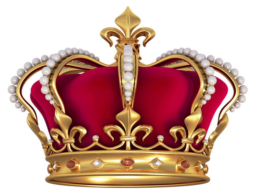 Ornate gold royal crown featuring inlaid white pearls and red gemstones rendered with realistic 3D lighting.